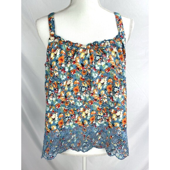 Sundance Women Medium Sleeveless Blue Floral Summer Top Embroidered Lace Trim - Picture 1 of 8